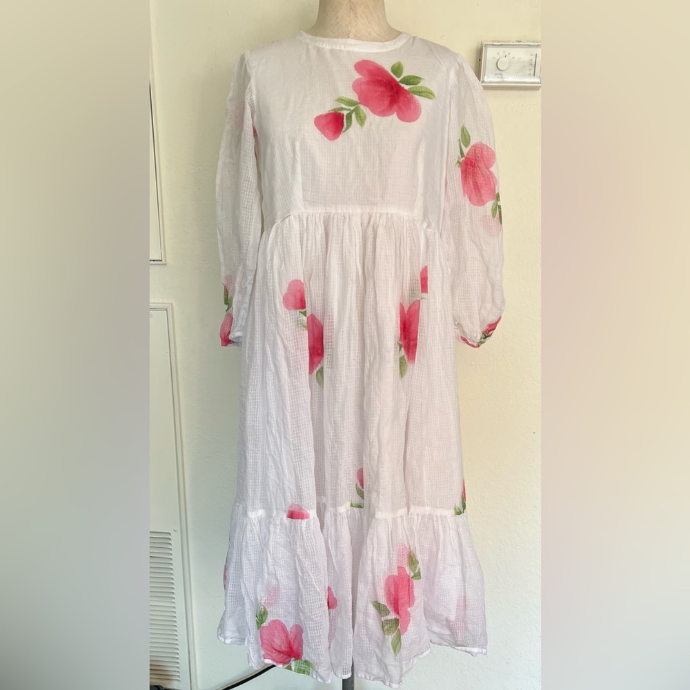 Ambraee Women’s White Cotton Gauze Dress with Pink Floral Print